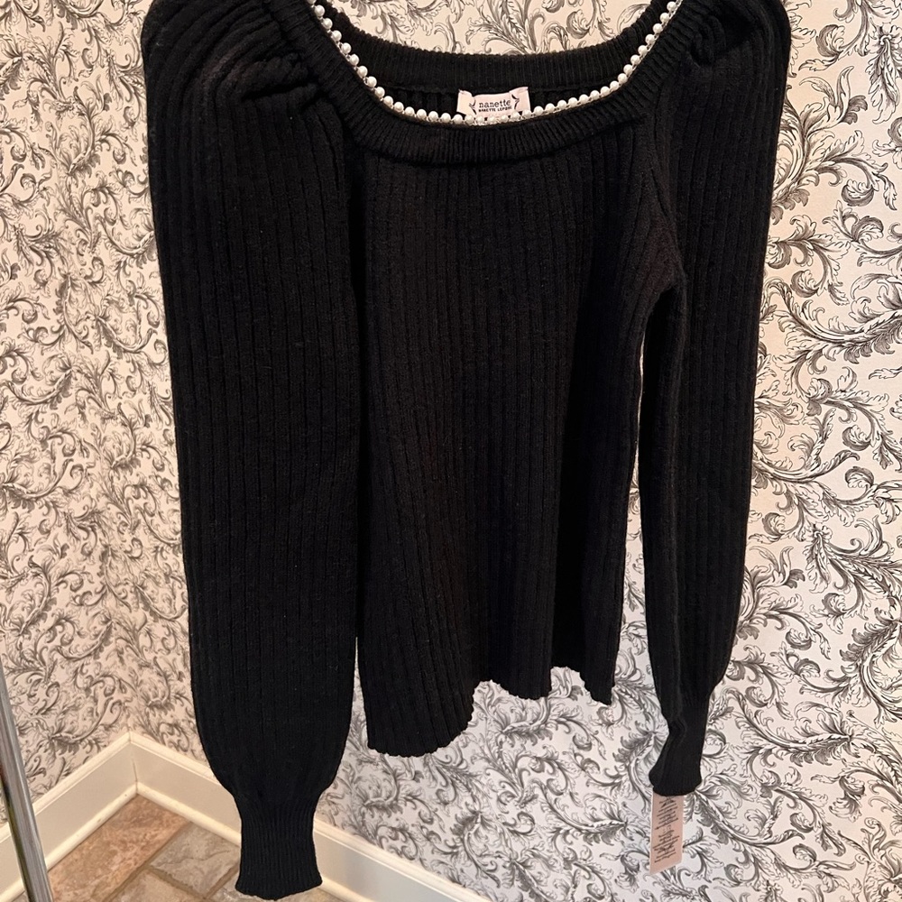 Nanette Lepore pearl lined black long sleeve sweater, size small